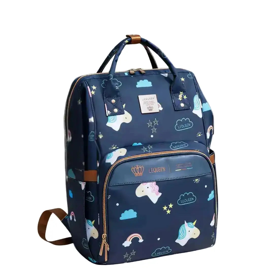 Navy cloud print Lequeen Diamond diaper backpack with gold-tone zips, front view