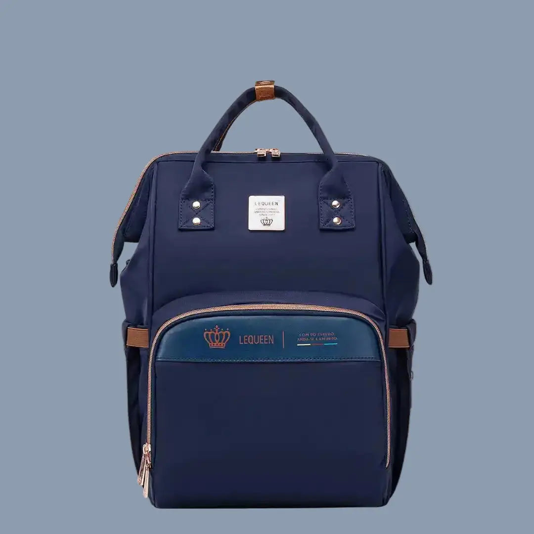 Navy Lequeen Diamond diaper backpack with gold-tone zips, front view