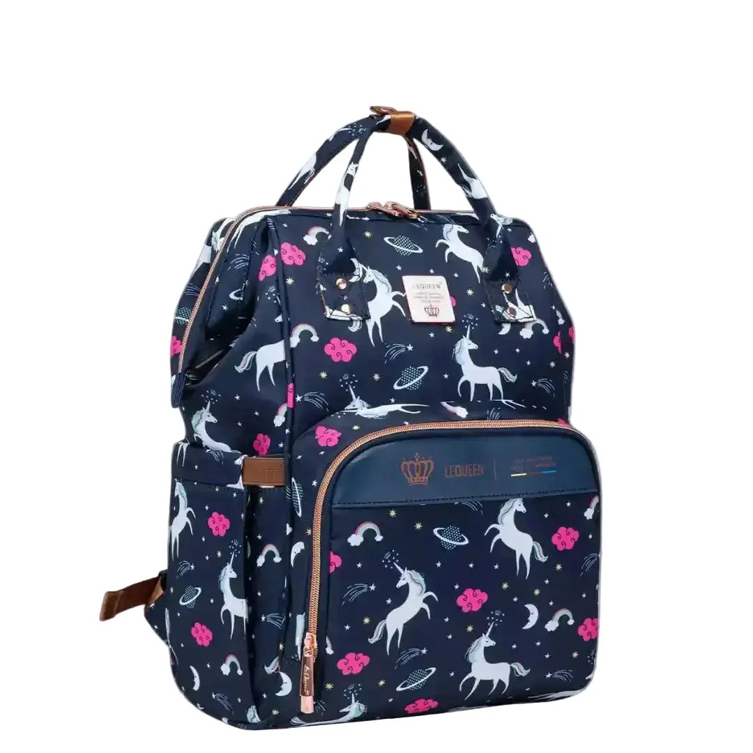 Navy unicorn print Lequeen Diamond diaper backpack with gold-tone zips, front view