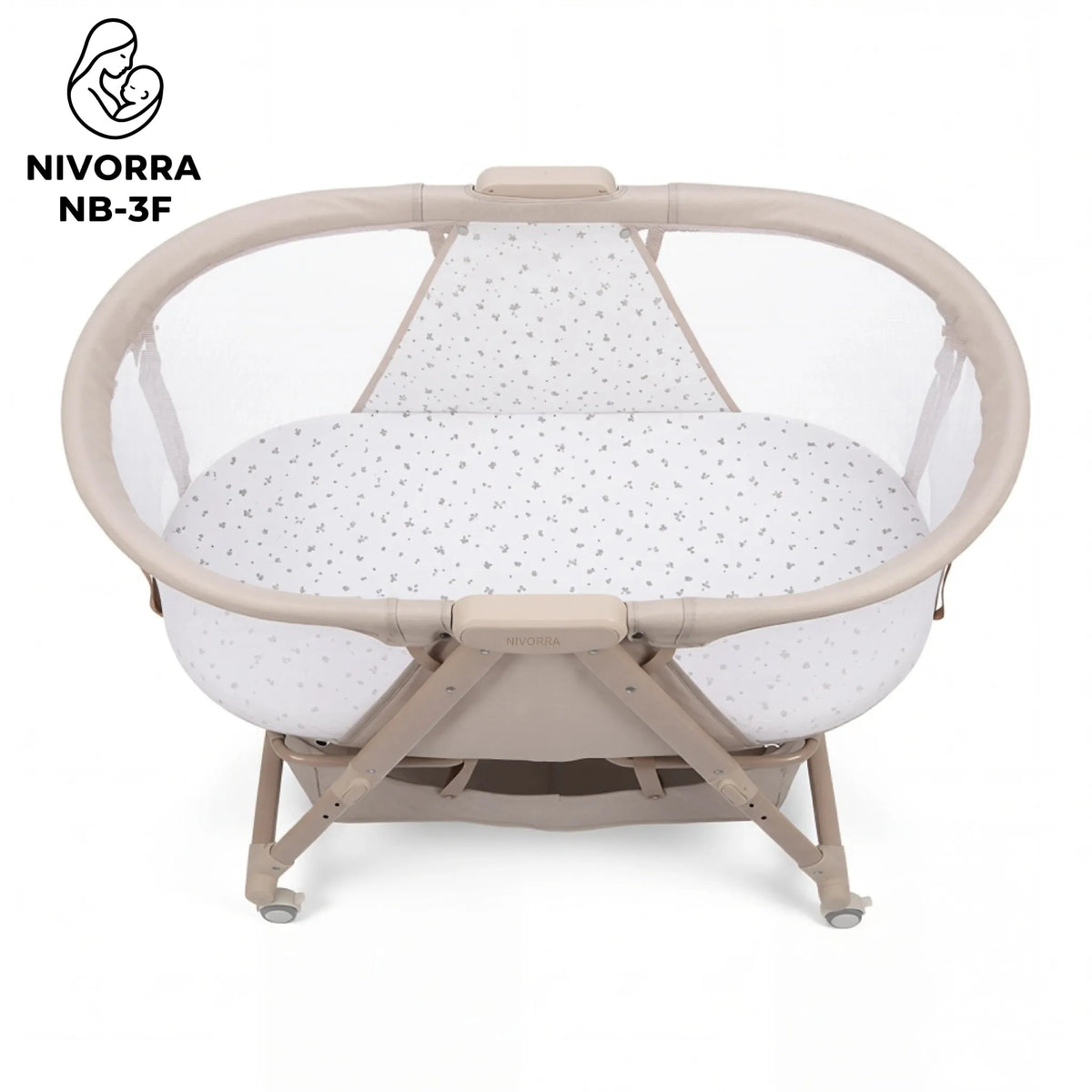 Nivorra NB-3F: beige bassinet angled top view showing oval rim and patterned pad.