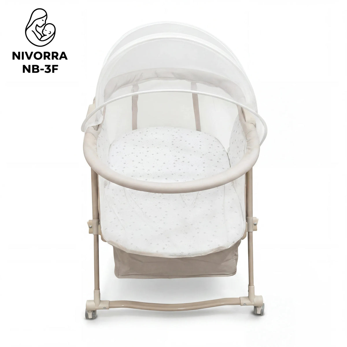 Nivorra NB-3F: beige bassinet end view with raised white net and lower basket.