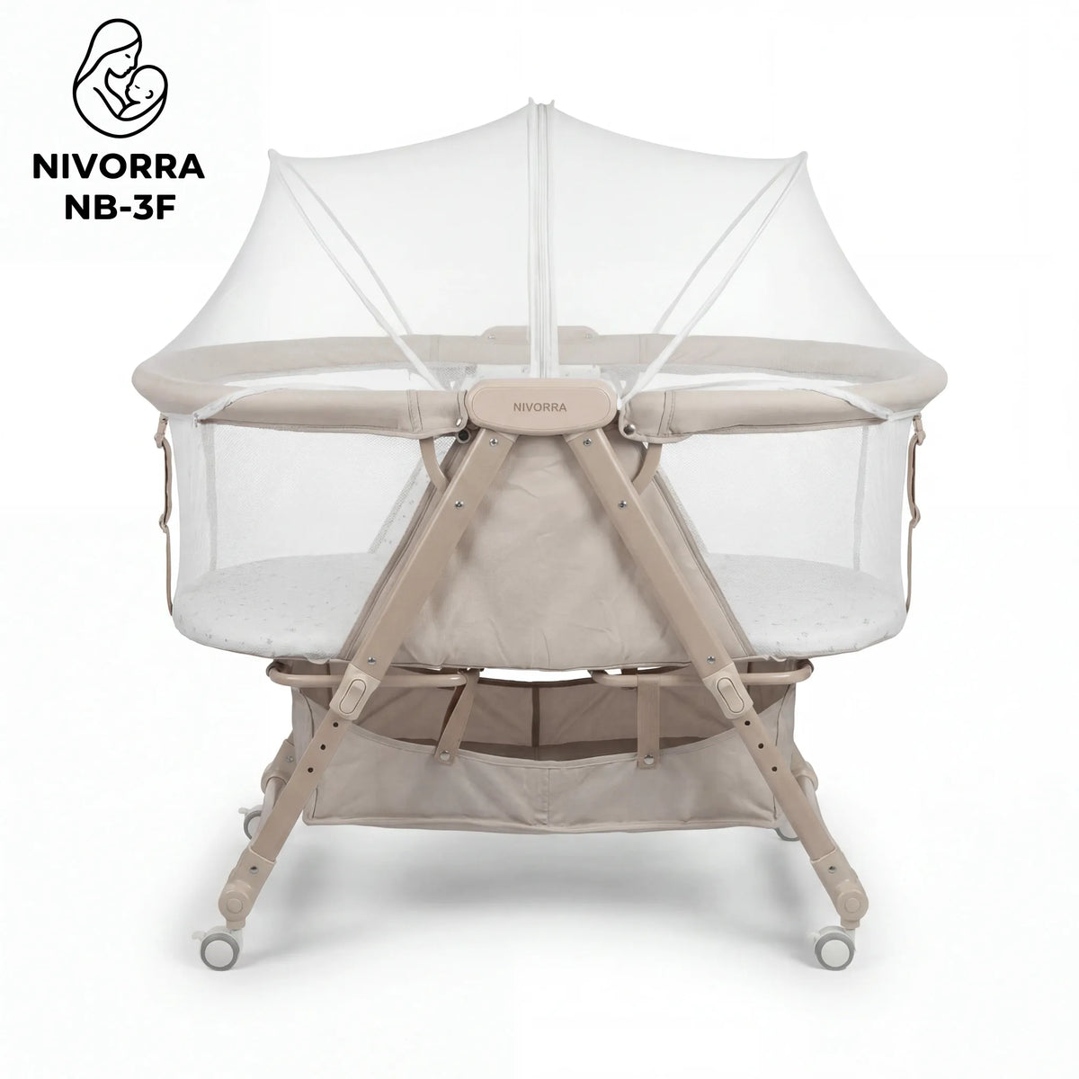 Nivorra NB-3F: beige bassinet side view with white mosquito net and lower basket.