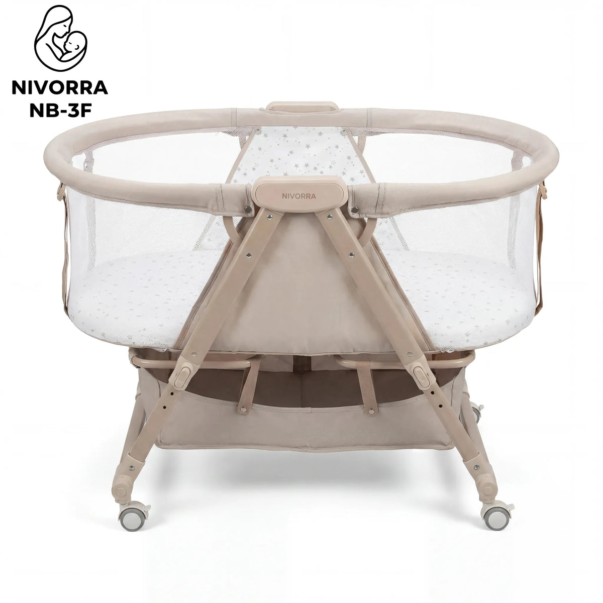 Nivorra NB-3F: beige bassinet side view without net, showing mesh sides and wheeled frame.