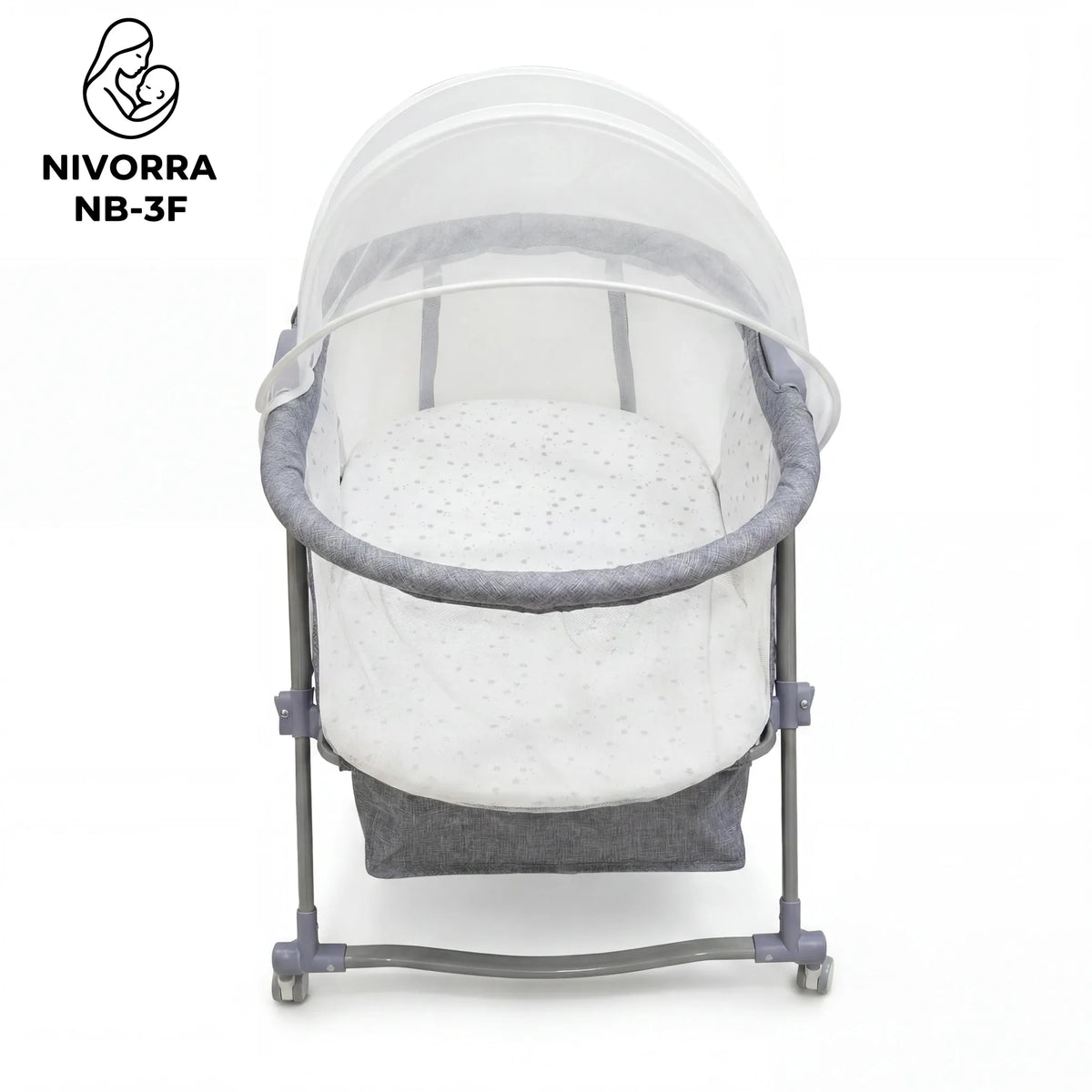 Nivorra NB-3F: grey bassinet end view with raised net and mesh sides.