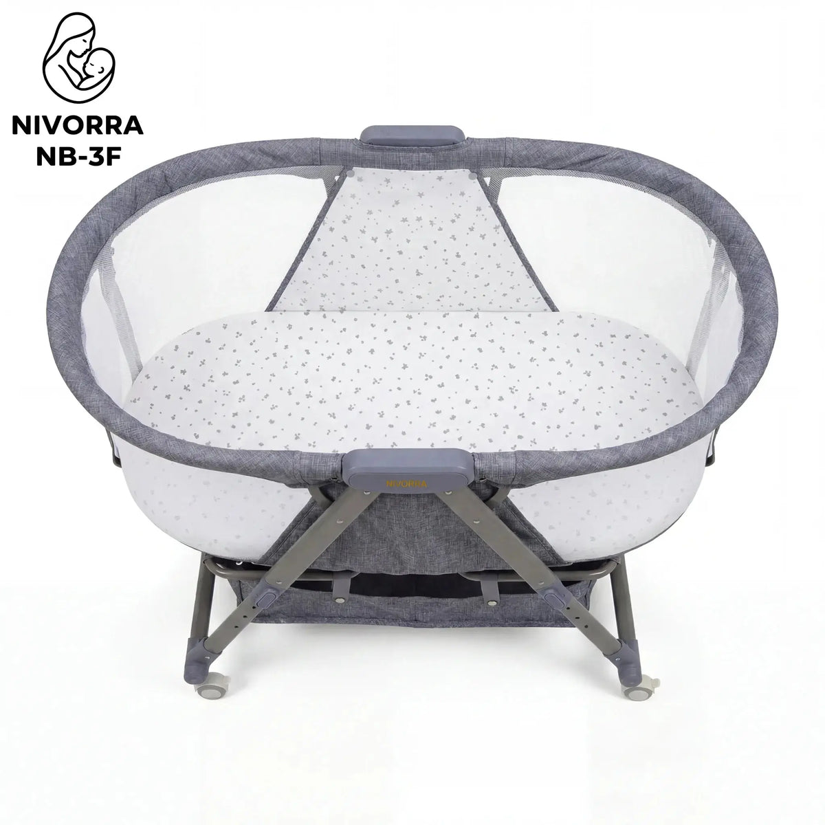 Nivorra NB-3F: grey bassinet from above at an angle, showing patterned inner pad.