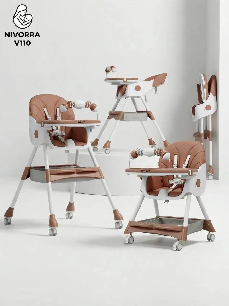 Nivorra V110: brown and cream high chair collage showing tray, lowered seat and folded frame.