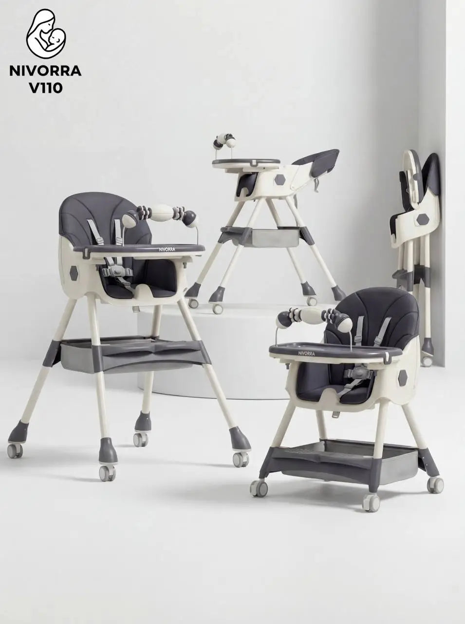Nivorra V110: grey and white high chair collage showing upright and reclined seat positions.