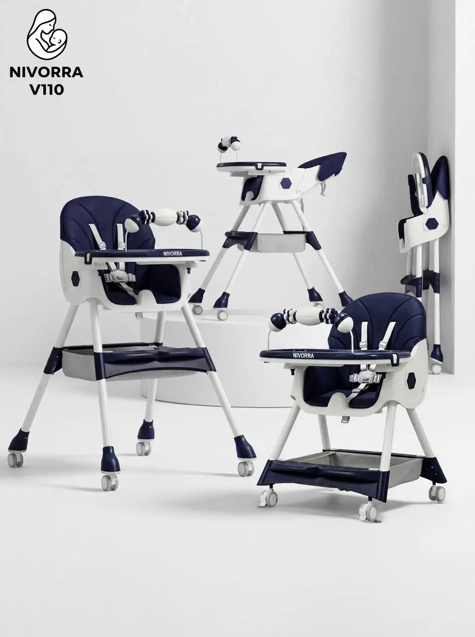 Nivorra V110: navy and white high chair collage with reclined seat and toy bar.