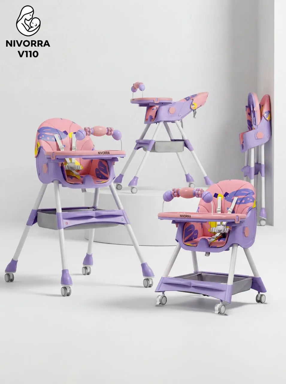 Nivorra V110: purple and pink high chair collage with patterned cushion and toy bar.