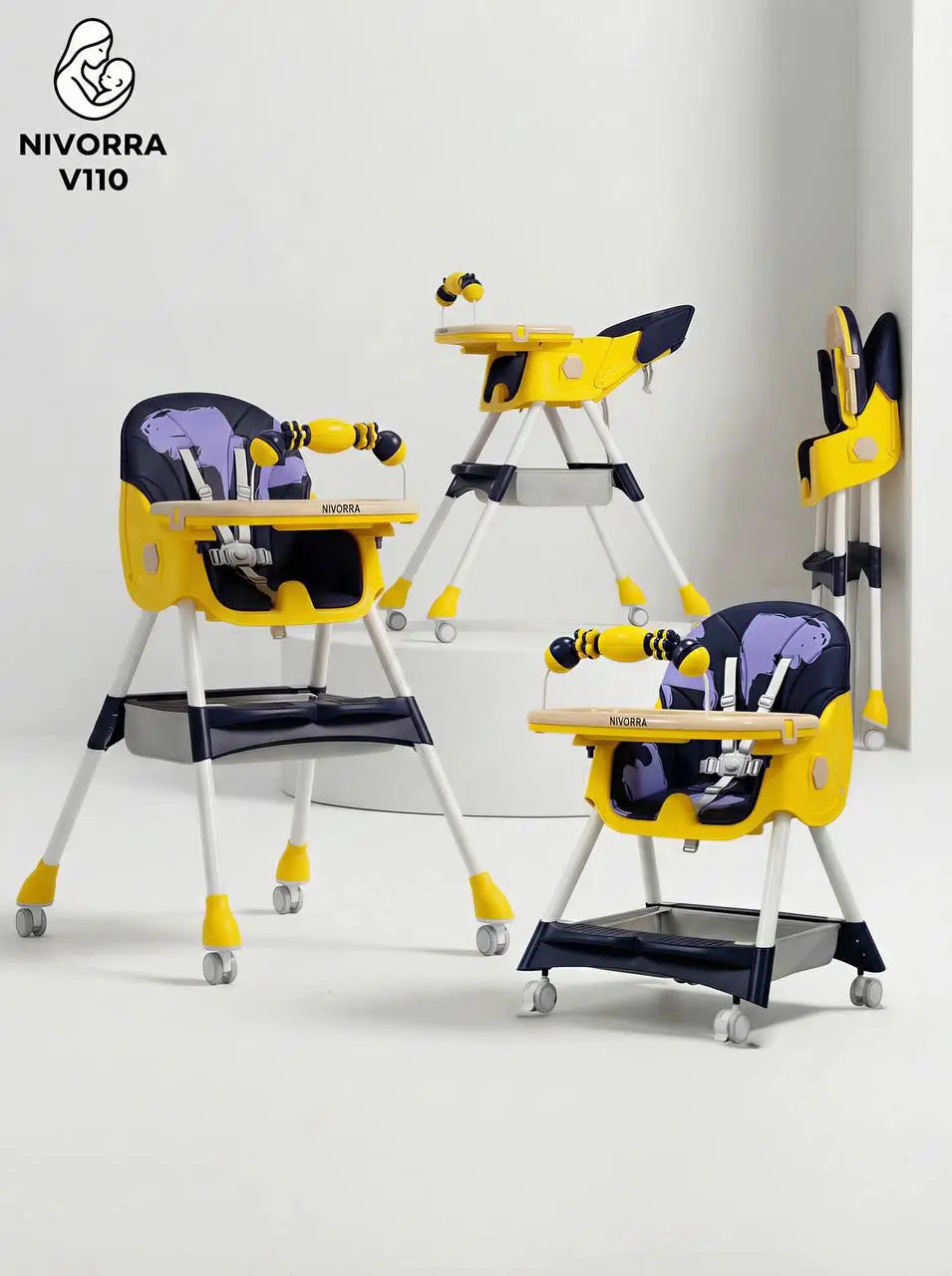 Nivorra V110: yellow and navy high chair collage with upright, reclined and folded views.