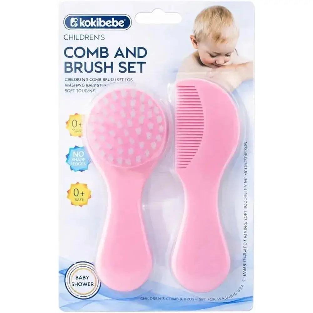 Pink baby hairbrush and comb pack in branded packaging