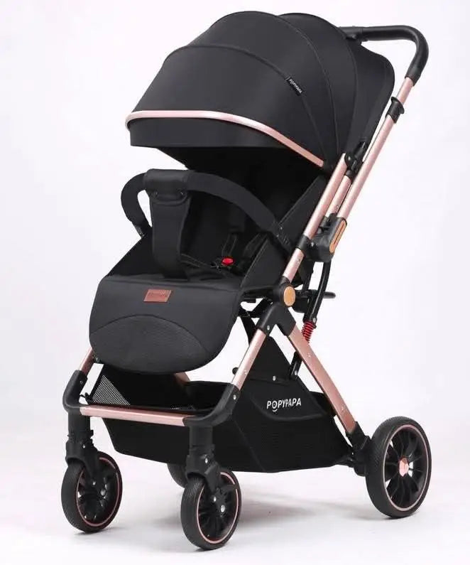 Popypapa D8T: black stroller at a front angle with rose-gold frame and extended canopy.