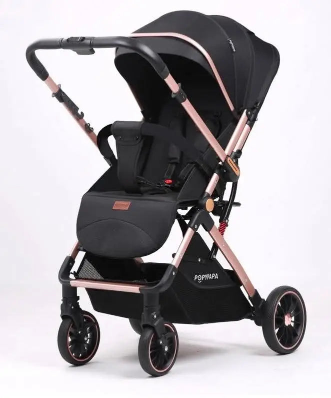 Popypapa D8T: black stroller three-quarter view with bumper bar and storage basket.