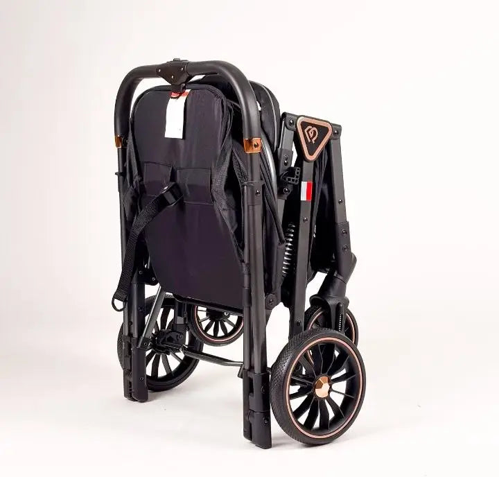 Popypapa H1: black stroller folded upright with carrying strap and wheels visible.