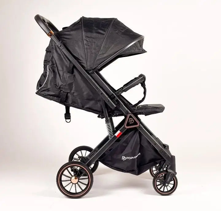 Popypapa H1: black stroller side view with upright seat and black frame.