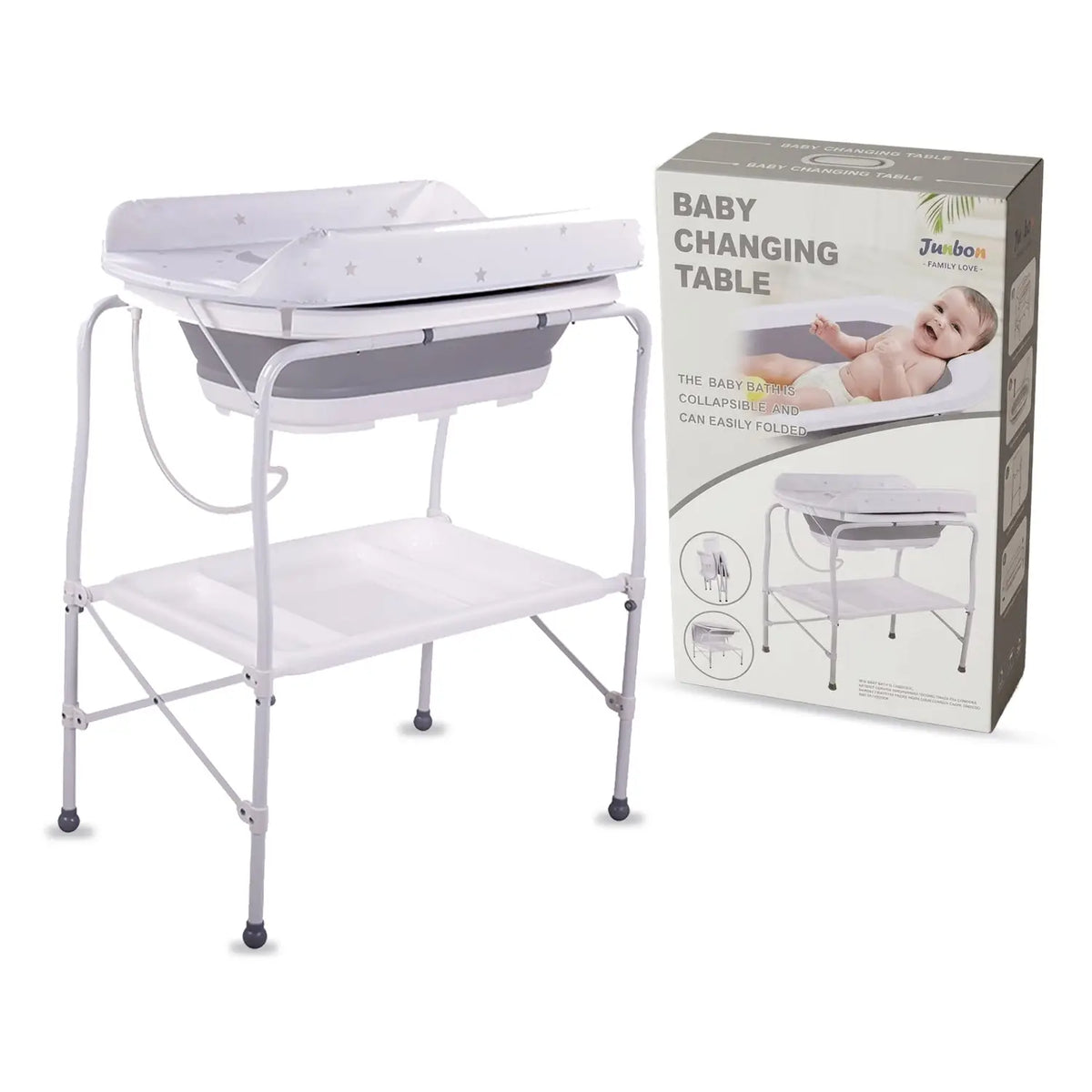 QC6606: White baby bath and changing station on a stand beside its retail box.