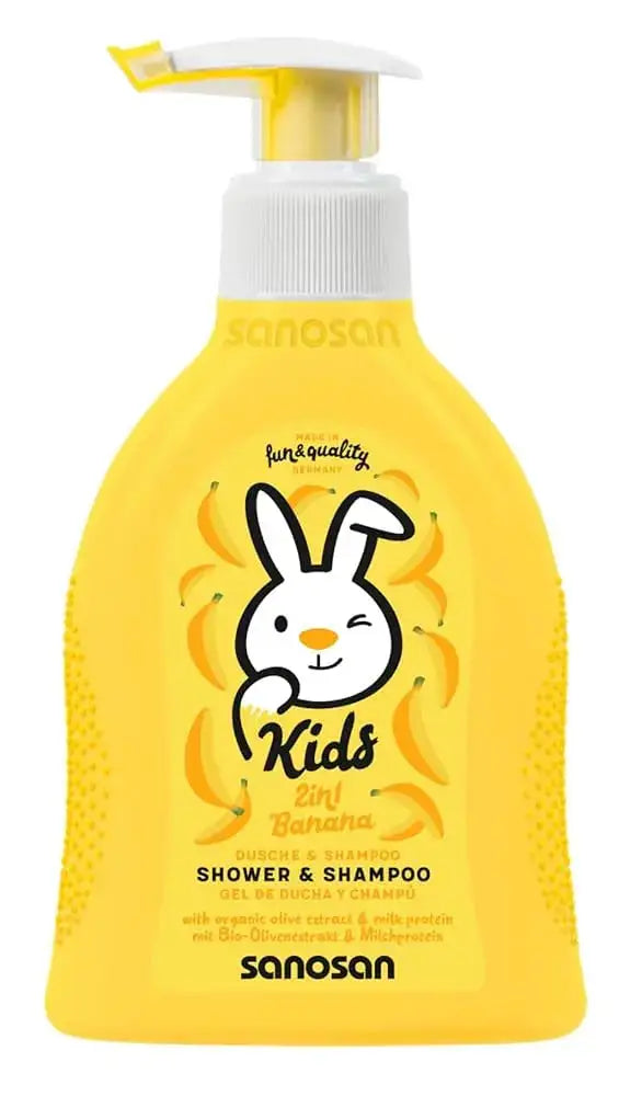 Sanosan: Yellow banana shower and shampoo bottle with pump, rabbit graphic and Kids 2-in-1 label.