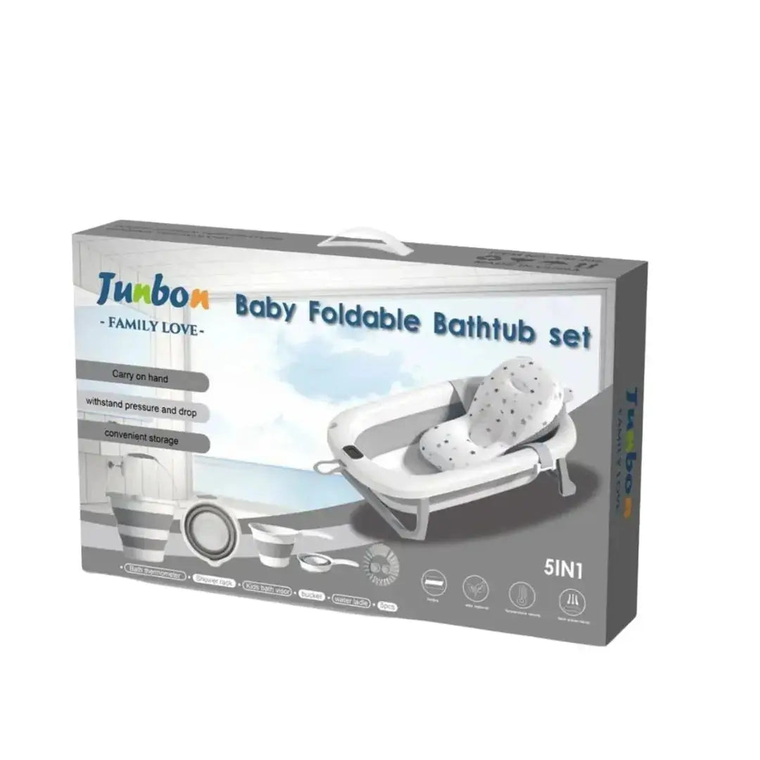 Tunbon 5-in-1: foldable baby bath set packaging showing grey bathtub with star-print support cushion.