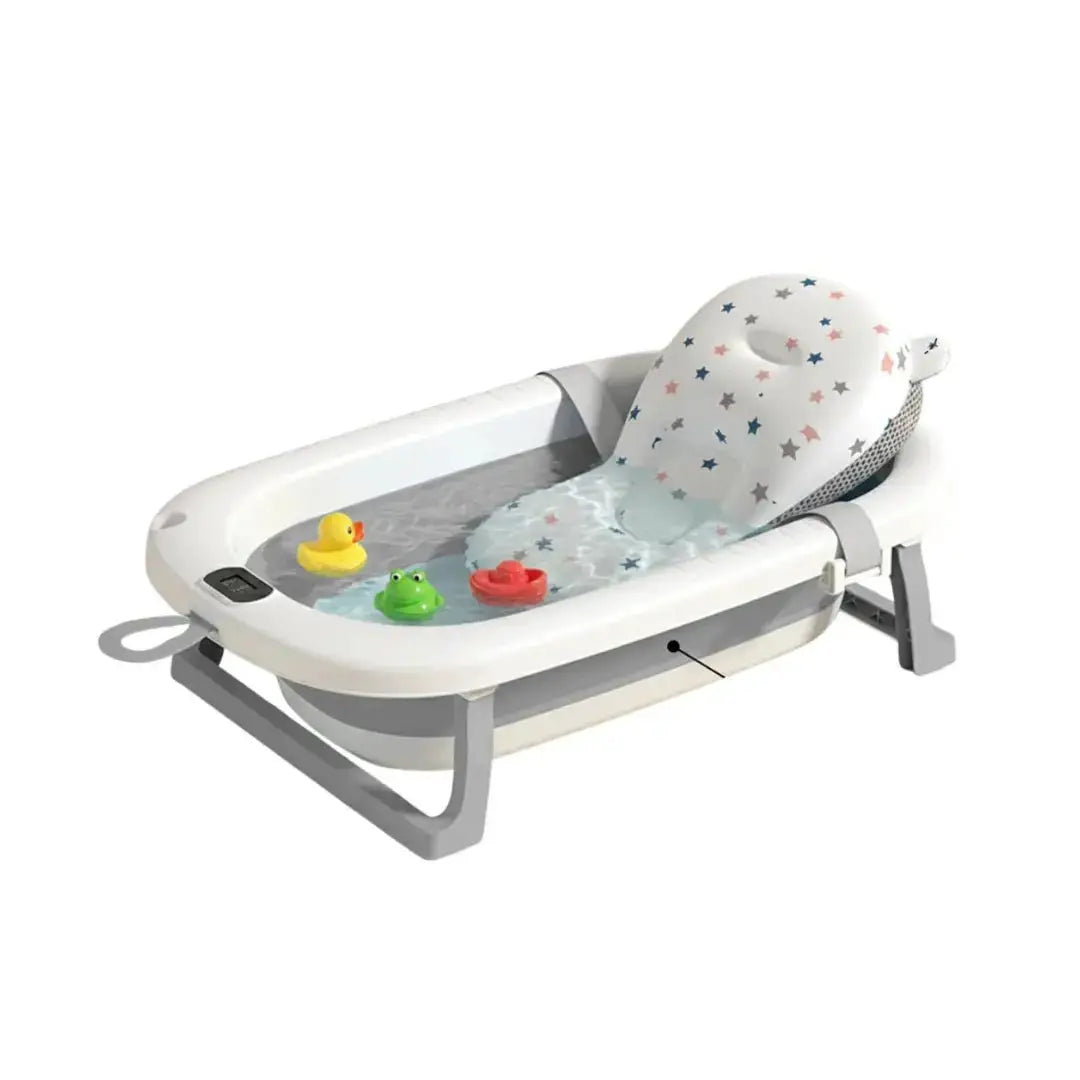 Tunbon 5-in-1: grey and white bathtub with star-print cushion, digital display and colourful duck toys.