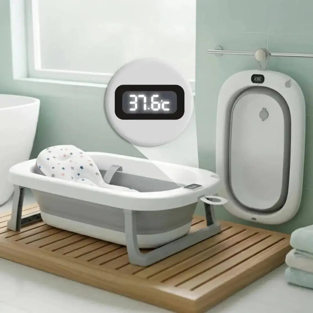 Tunbon 5-in-1: grey bathtub in a bathroom with close-up of digital temperature display reading 37.6 C.