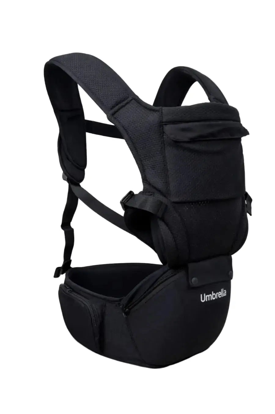 Umbrella black hip seat baby carrier, angled view showing padded shoulder straps, waist belt and lower seat.
