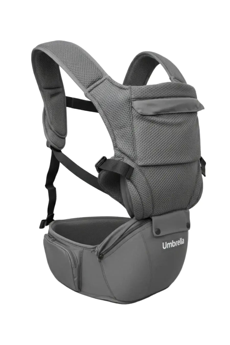 Umbrella grey hip seat baby carrier with textured fabric, padded shoulder straps, black buckles and waist section.