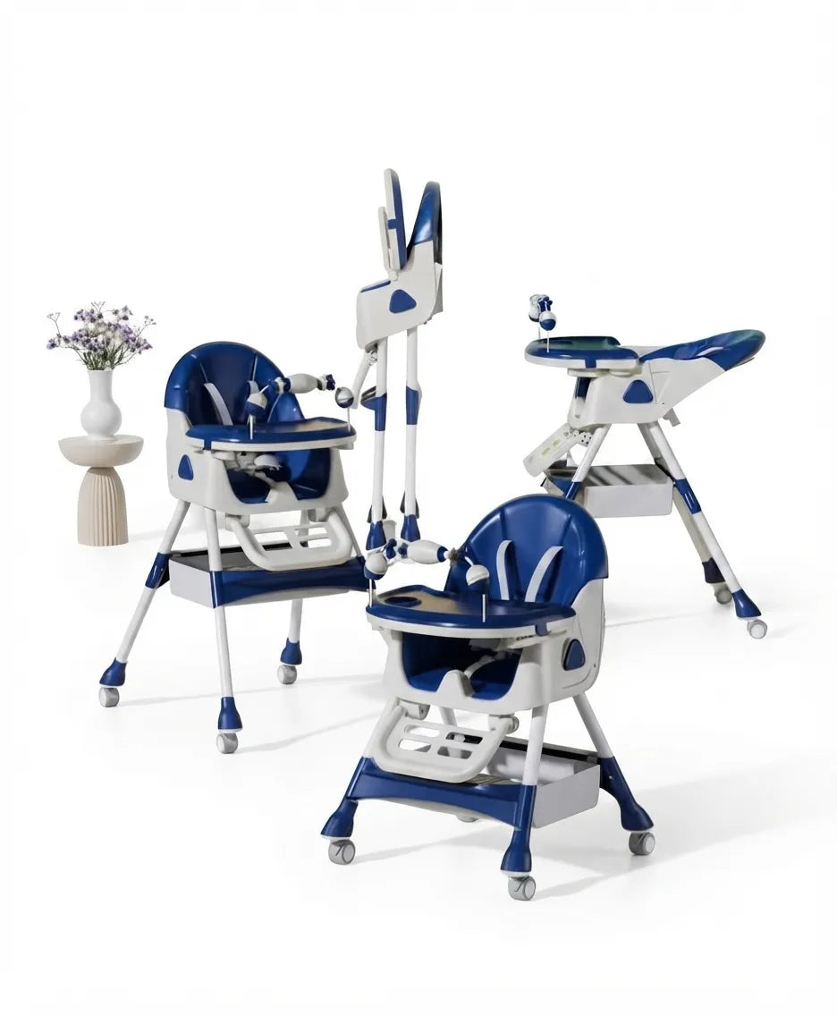 Umbrella K6 Pro: blue and white high chair collage with tall, low, reclined and folded configurations.