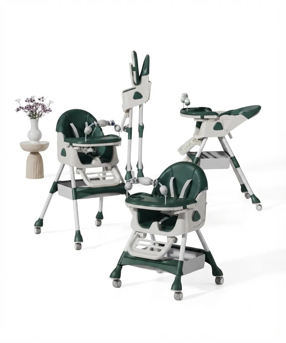 Umbrella K6 Pro: green and white high chair collage showing tray, toy bar and folded frame.