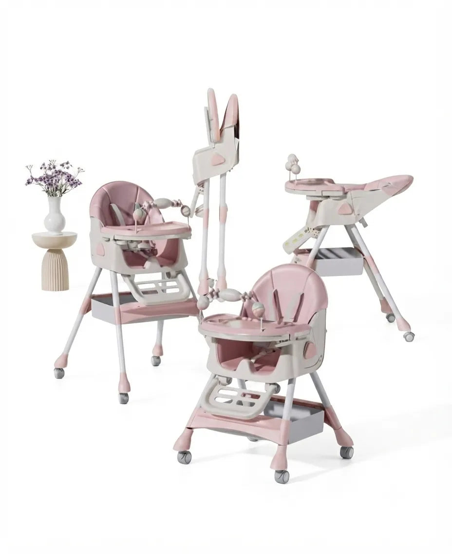 Umbrella K6 Pro: pink and white high chair collage with harness, toy bar and multiple seat positions.