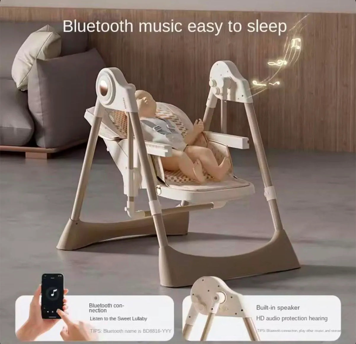 Umbrella X17 Pro: beige chair illustration showing Bluetooth music connection and phone graphic.