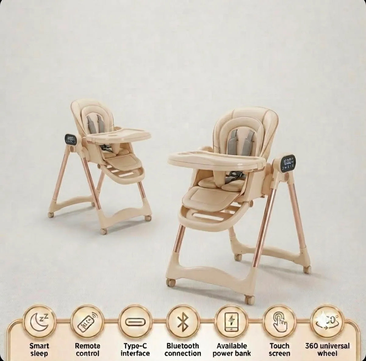 Umbrella X17 Pro: beige high chair shown in two positions with control-feature icons.