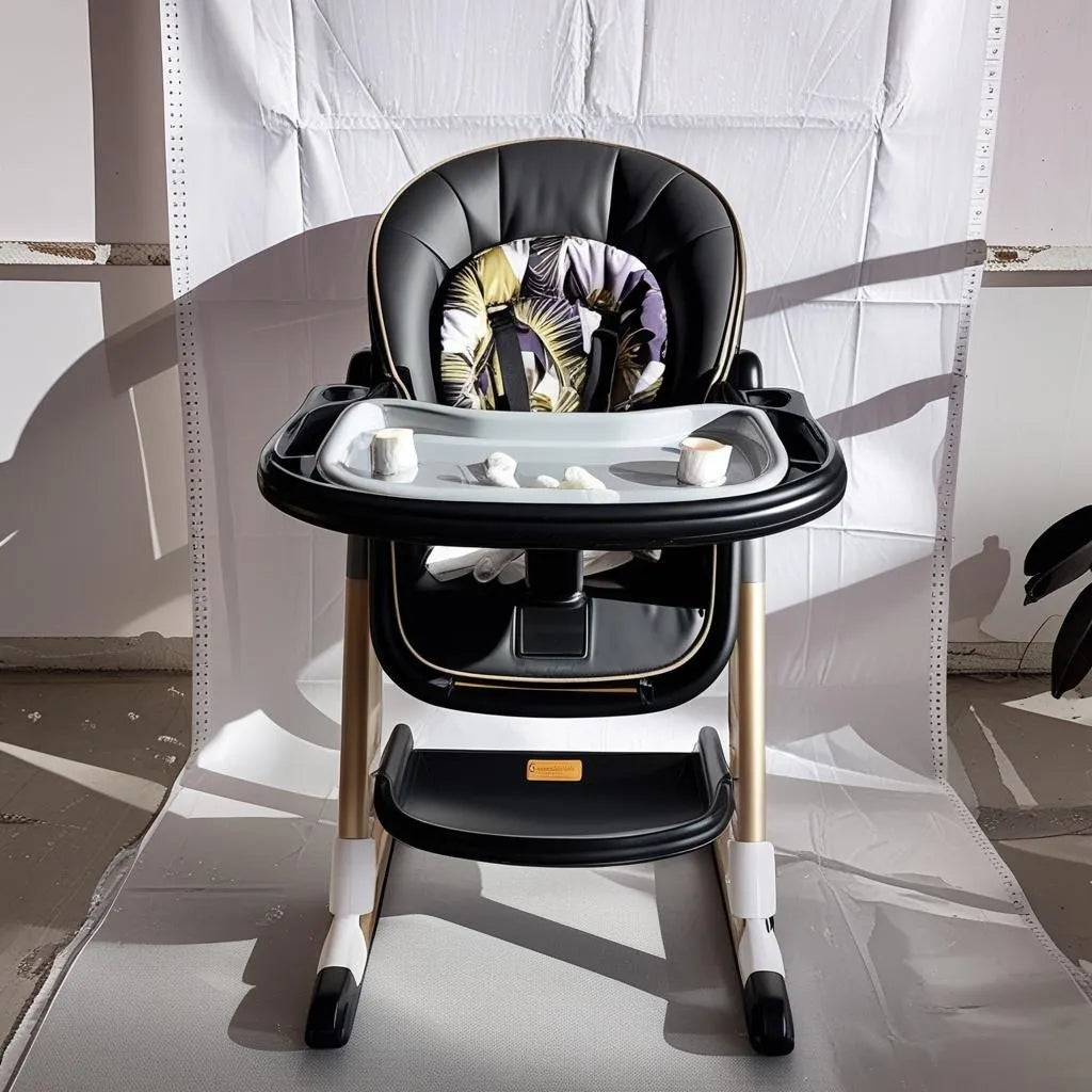 Umbrella X17 Pro: black high chair front view with leaf-print insert and white inner tray.