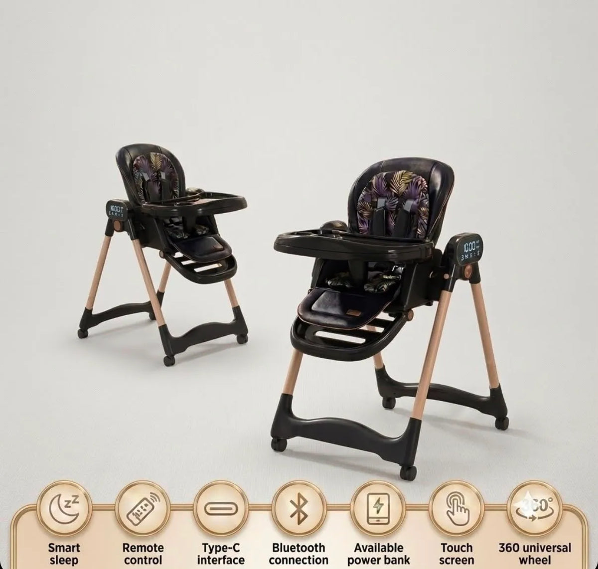 Umbrella X17 Pro: black high chair shown in two positions above control-feature icons.