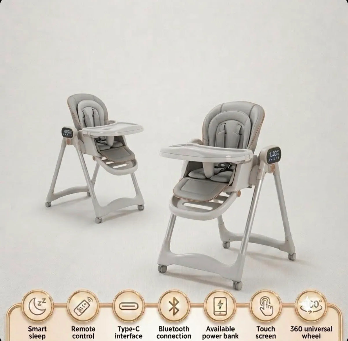 Umbrella X17 Pro: grey high chair shown in two configurations above remote and connection icons.