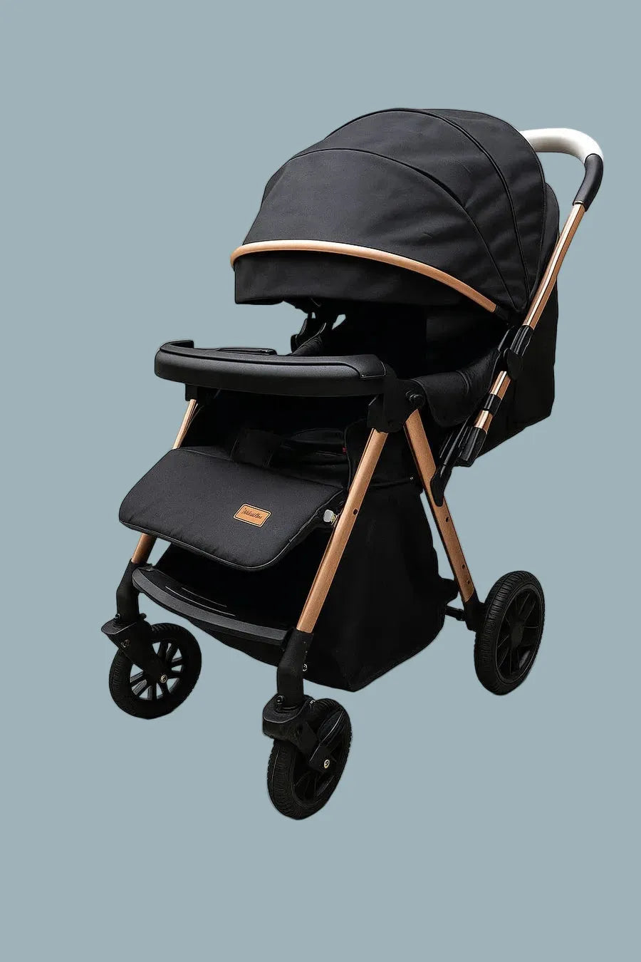 Umbrella X6 Pro stroller with dark canopy, rose-gold frame and front tray