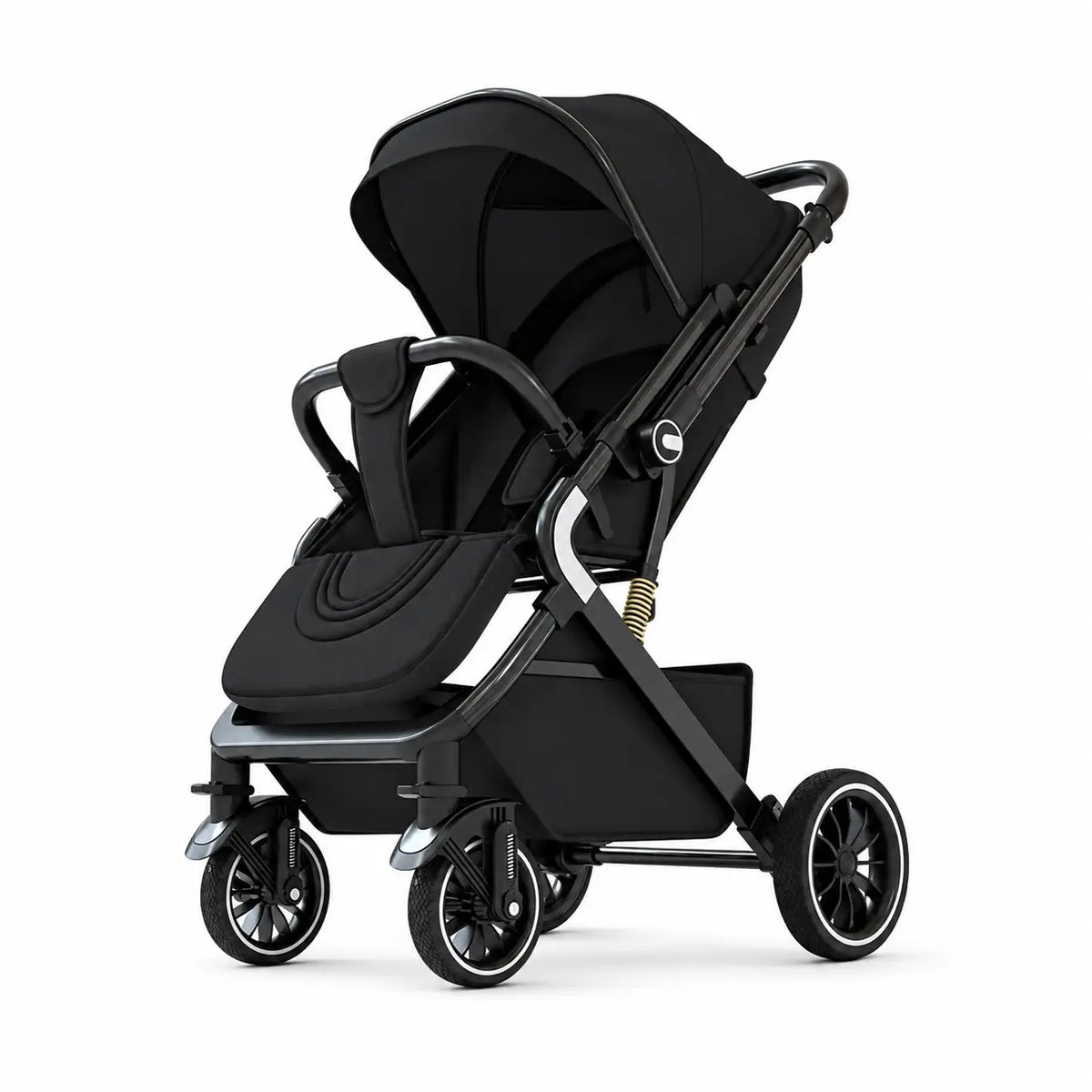 Umbrella X7 black stroller, three-quarter front view showing canopy, padded seat, bumper bar and lower basket.