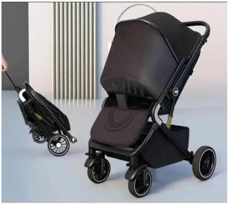 Umbrella X7 dark stroller with canopy extended over the seat and an inset showing the folded frame being pulled.
