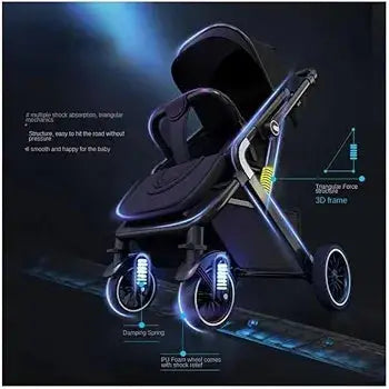 Umbrella X7 dark stroller illustration highlighting frame and wheel components with glowing graphic overlays.