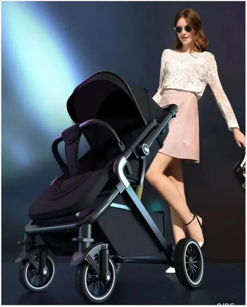 Woman standing beside an Umbrella X7 dark stroller with open canopy, padded seat and under-seat storage basket.