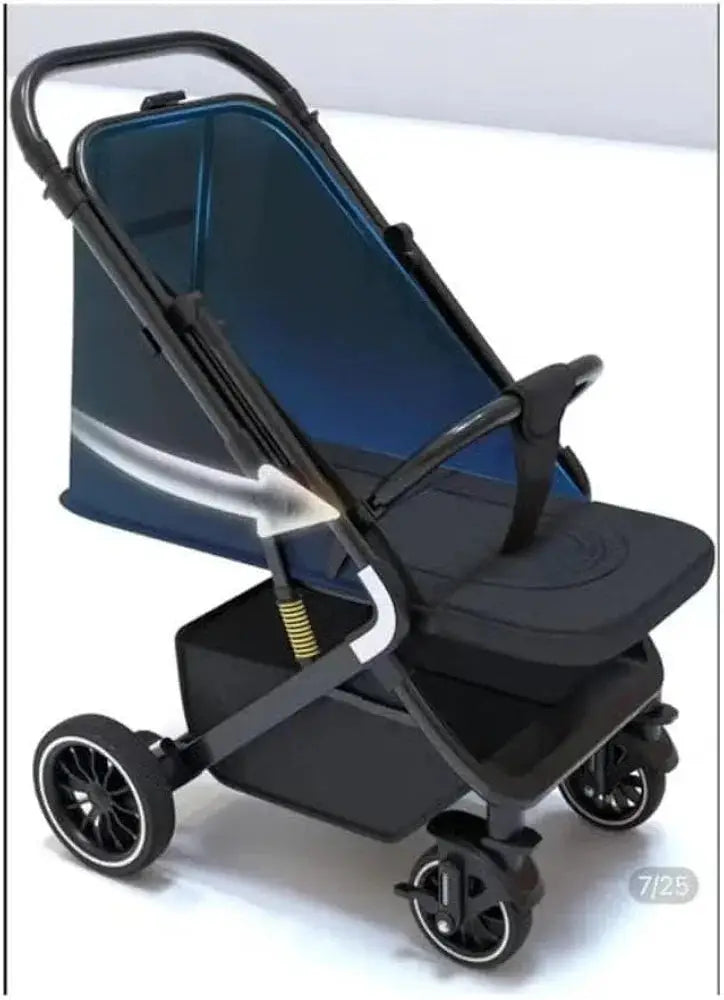 Umbrella X7 stroller rear angled view showing blue seat back, black frame, bumper bar and a white directional arrow.