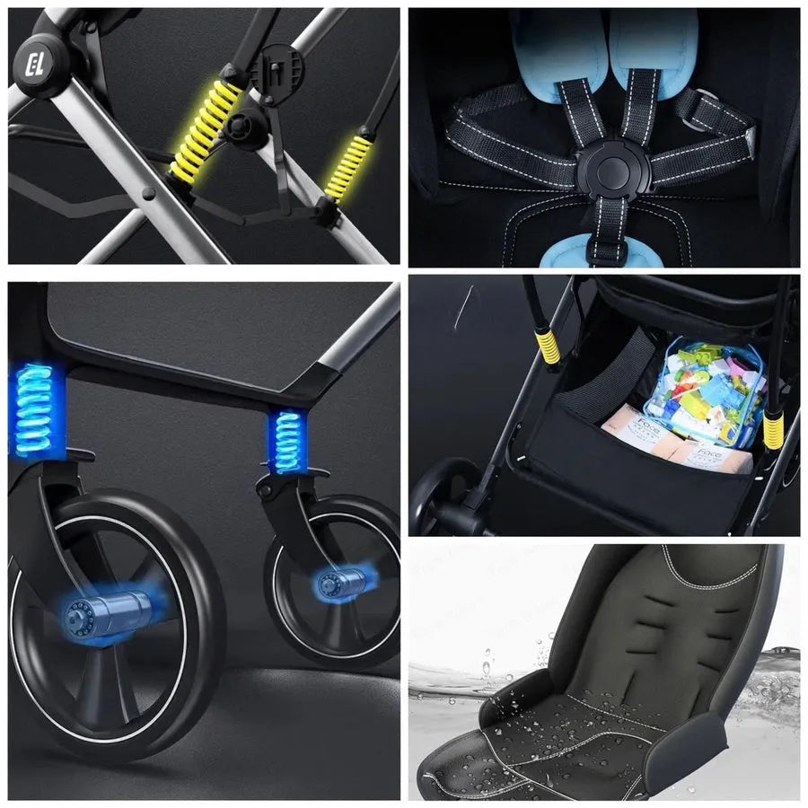 Umbrella X9 close-up collage showing wheel suspension details