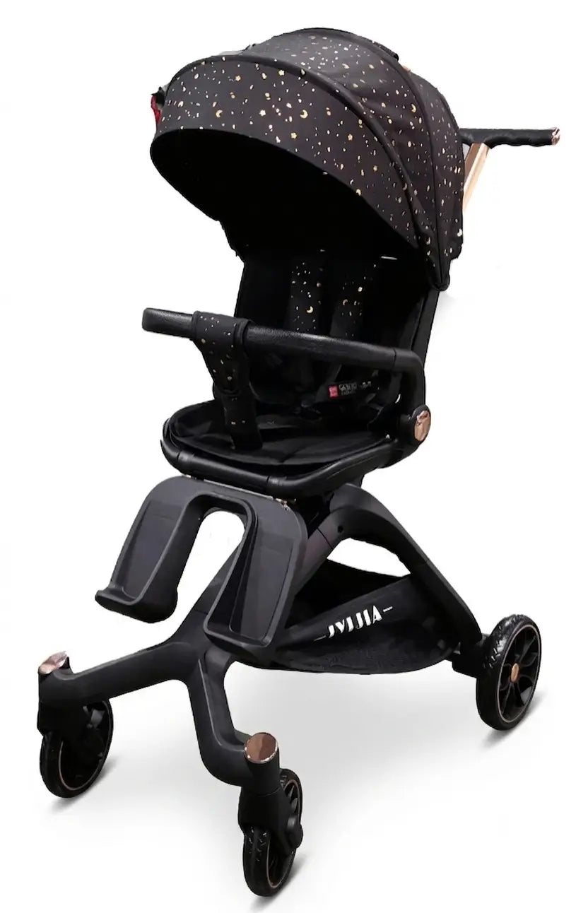 X6 black stroller, three-quarter front view showing patterned canopy, separate foot supports and mesh basket.