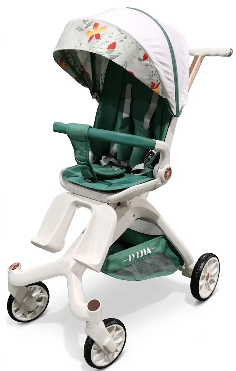 X6 baby stroller with white frame, green padded seat and patterned white canopy, shown from a front angle.