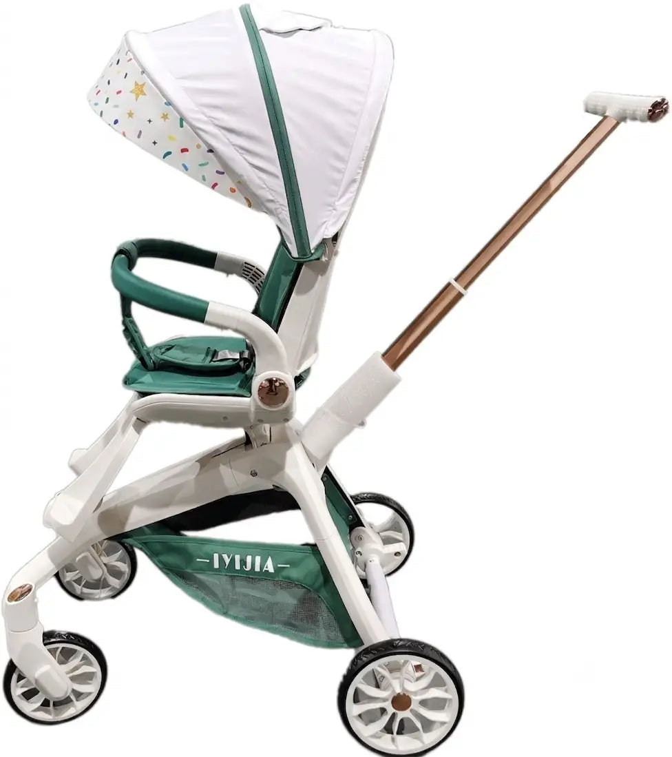 X6 white and green baby stroller from the side, showing patterned canopy, extended handle and lower basket.